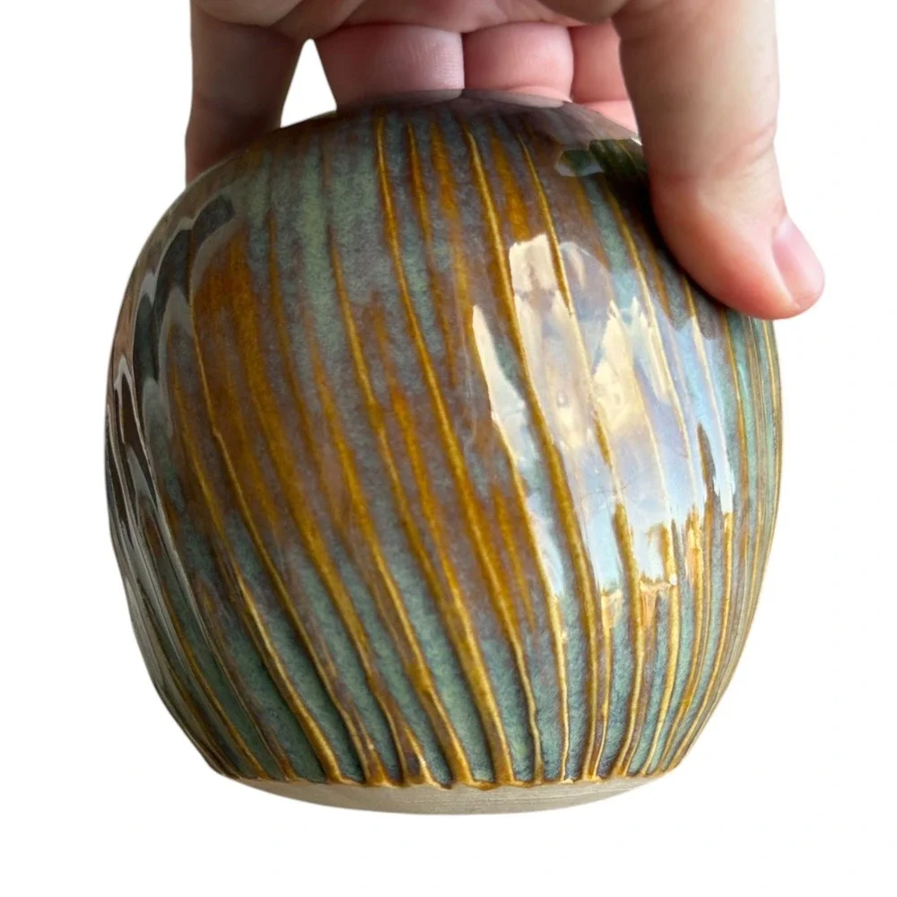 Handmade Studio Pottery Planter Vase Teal Amber Reactive Glaze Ribbed Pottery